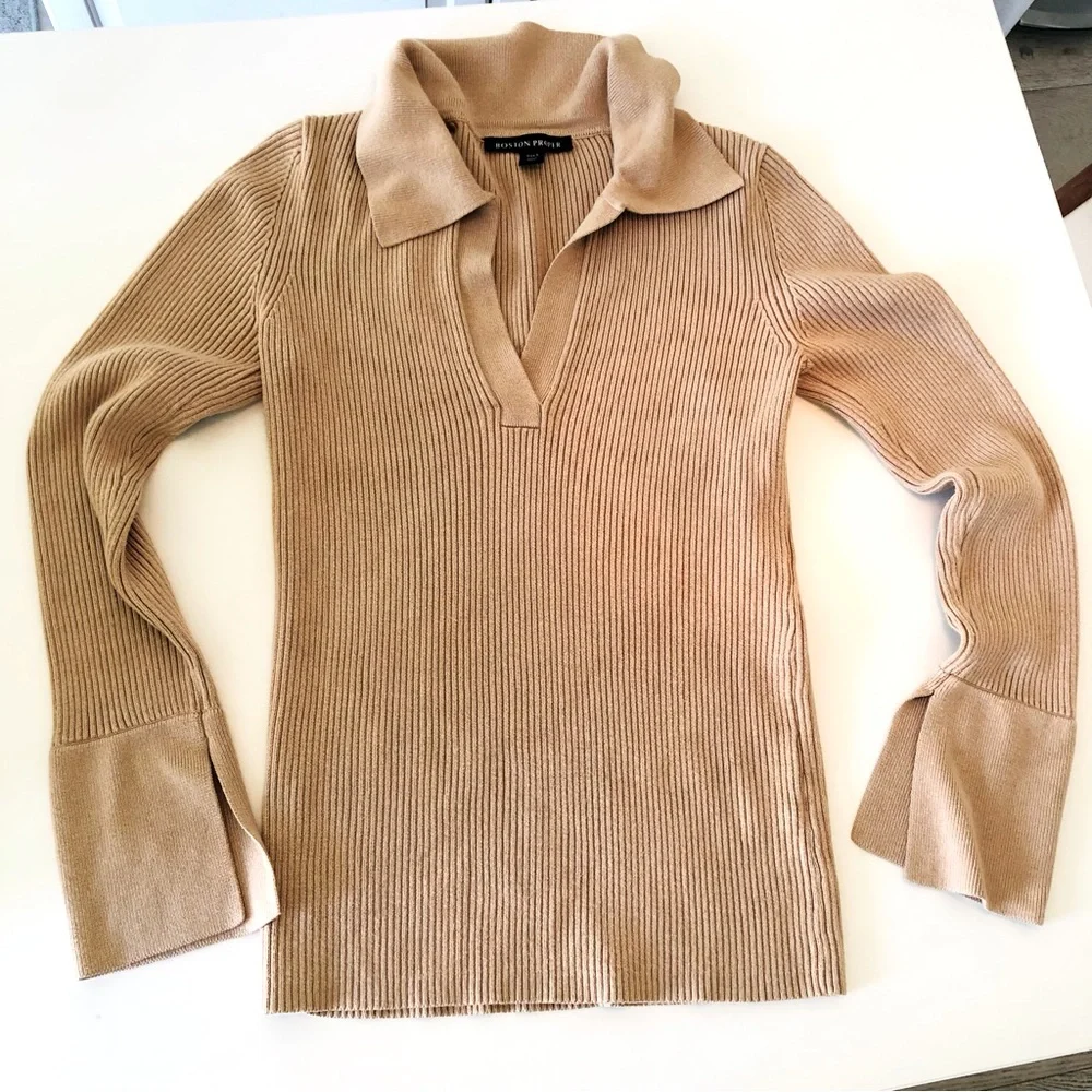 Boston Proper Ribbed Polo Sweater Tan Small Knit Preppy Classic